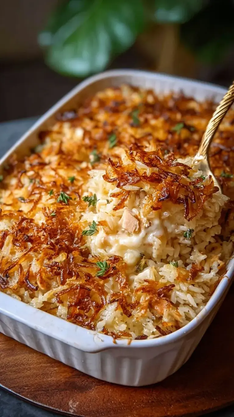 A golden, cheesy French Onion Chicken Rice Bake topped with crispy fried onions in a baking dish.