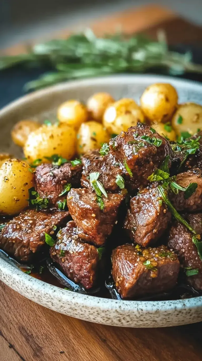 Sizzling garlic butter beef bites and golden cubed potatoes in a cast iron skillet garnished with fresh parsley.