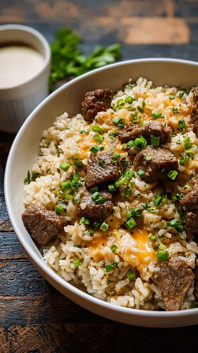 A skillet of savory garlic butter beef rice garnished with fresh green scallions