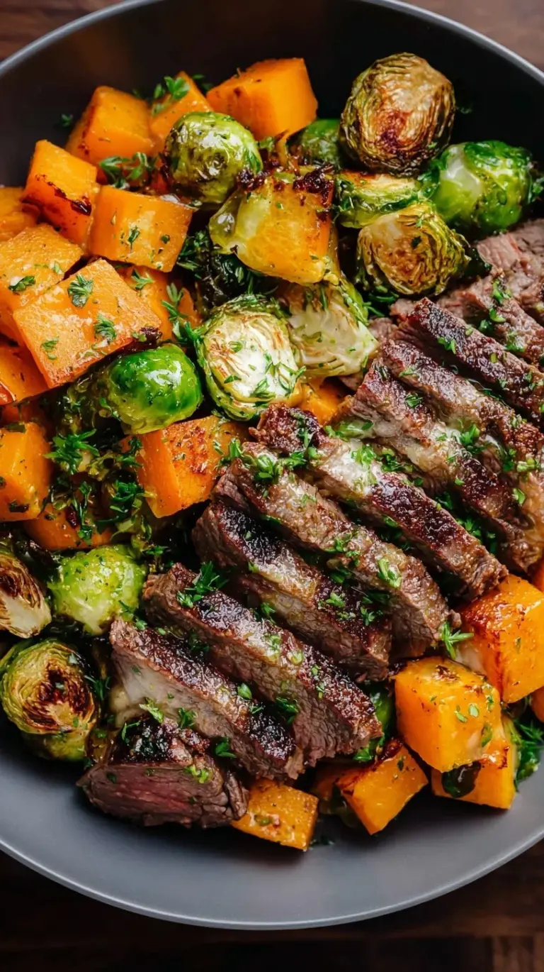 Pan-seared garlic butter steak sliced on a board with roasted brussels sprouts and butternut squash