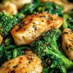 Pan-seared chicken cubes with bright green broccoli and wilted spinach in a skillet
