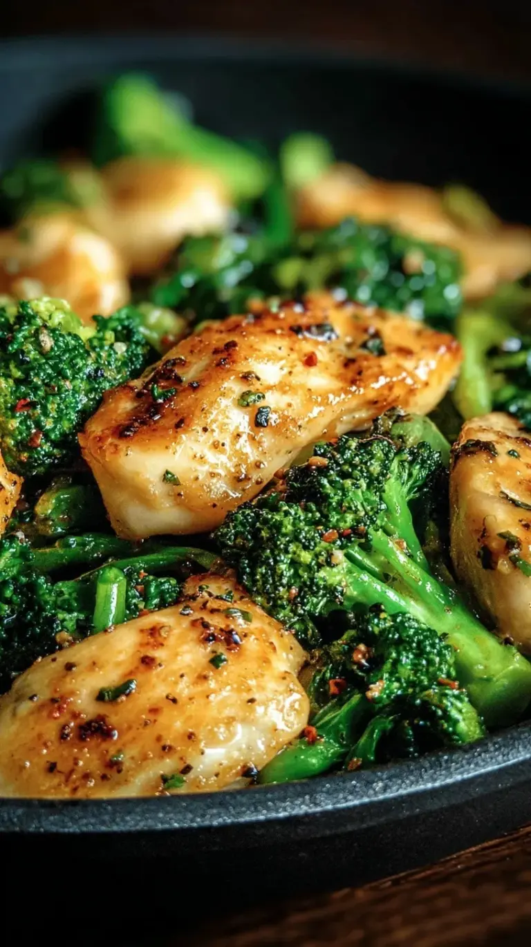 Pan-seared chicken cubes with bright green broccoli and wilted spinach in a skillet