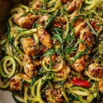 A skillet filled with golden chicken breast and fresh green zucchini noodles garnished with sesame seeds.