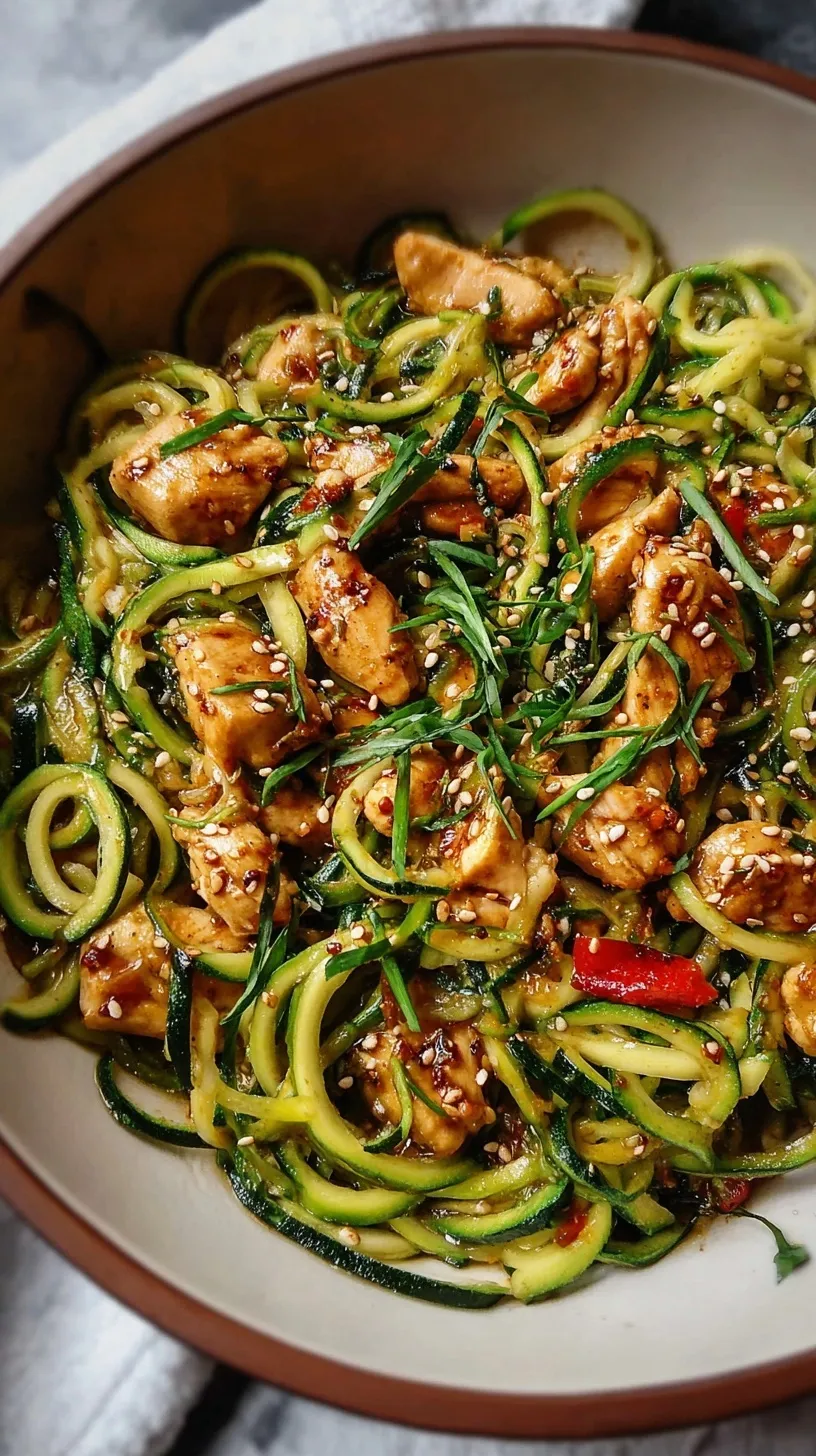 A skillet filled with golden chicken breast and fresh green zucchini noodles garnished with sesame seeds.