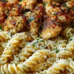 A skillet filled with creamy rotini pasta, golden chicken bites, and melted parmesan cheese.
