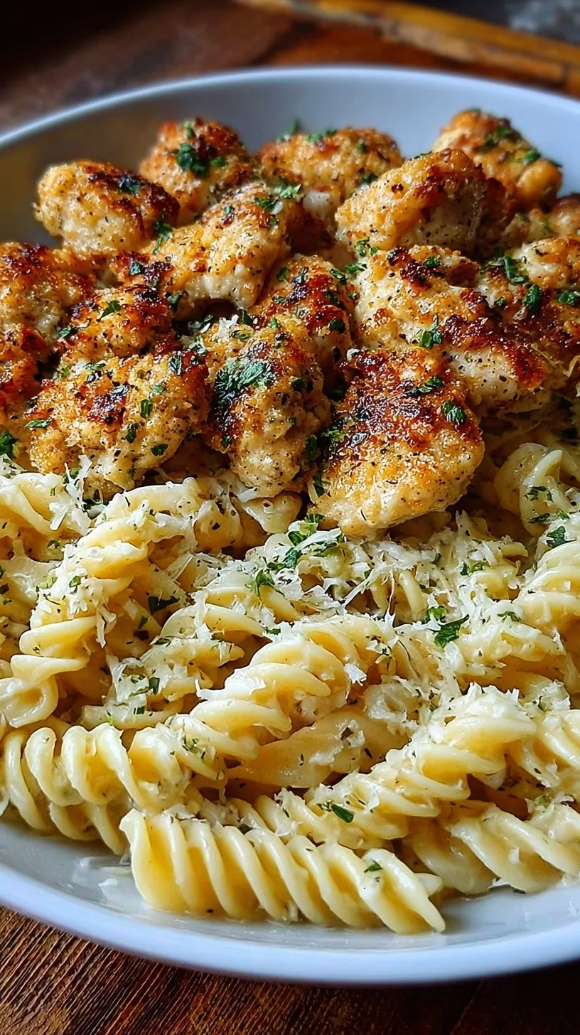 A skillet filled with creamy rotini pasta, golden chicken bites, and melted parmesan cheese.
