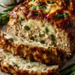 A sliced Garlic Parmesan Chicken Meatloaf with a red tomato glaze on a wooden board.