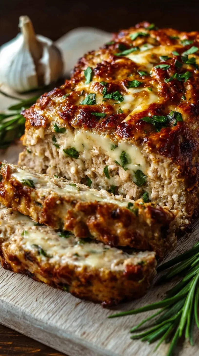 A sliced Garlic Parmesan Chicken Meatloaf with a red tomato glaze on a wooden board.