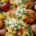 A close up shot of tender cubed chicken and baby potatoes topped with melted parmesan cheese and fresh parsley in a slow cooker.
