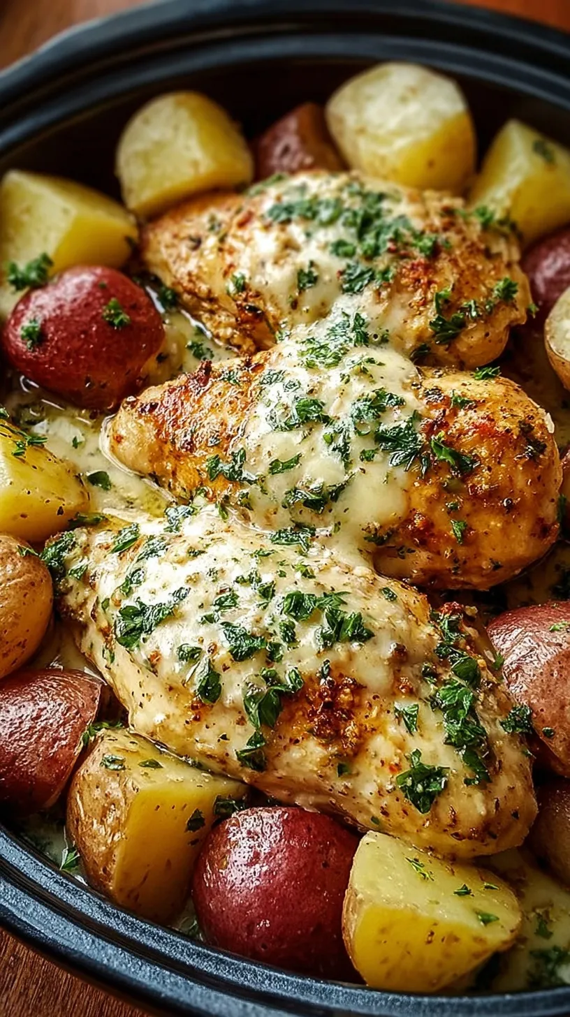 A close up shot of tender cubed chicken and baby potatoes topped with melted parmesan cheese and fresh parsley in a slow cooker.