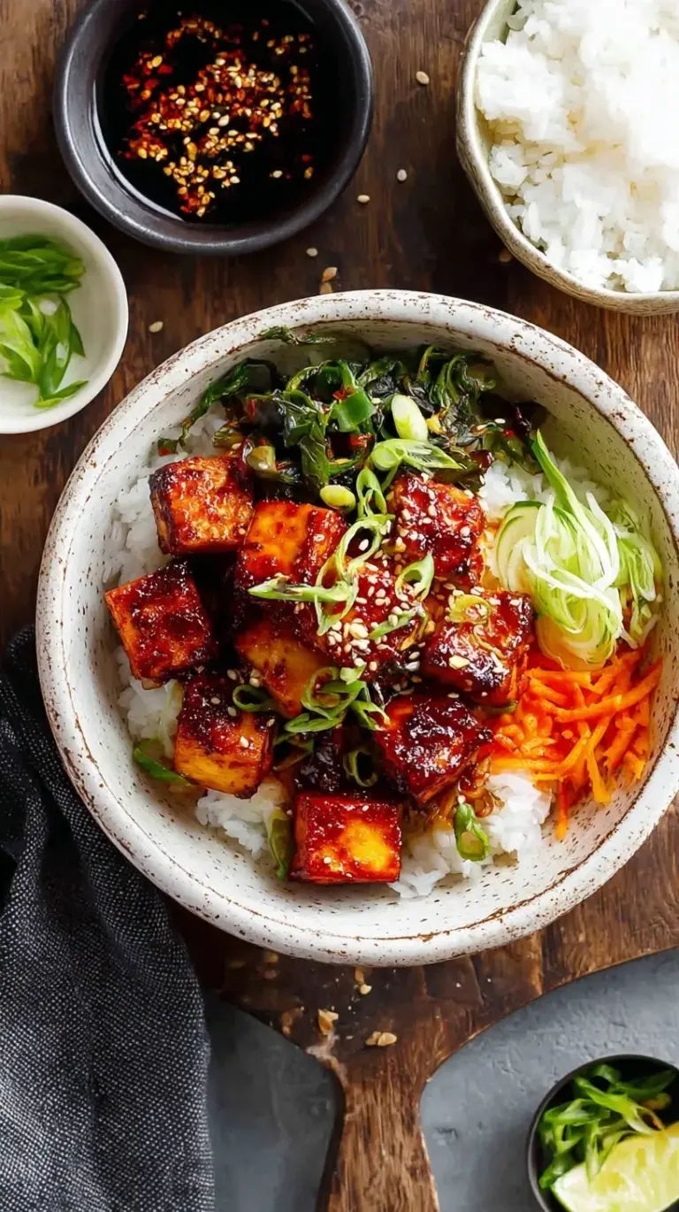 Crispy cubed tofu coated in a glossy red gochujang glaze with green onions and sesame seeds.