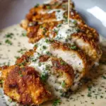Crispy golden parmesan chicken cutlets drizzled with a rich white garlic cream sauce and fresh parsley in a cast iron skillet.