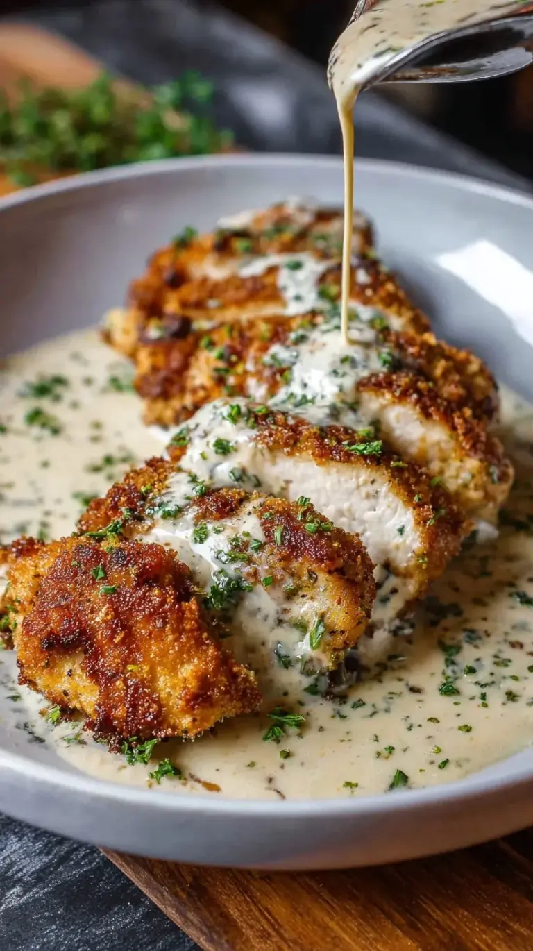 Crispy golden parmesan chicken cutlets drizzled with a rich white garlic cream sauce and fresh parsley in a cast iron skillet.
