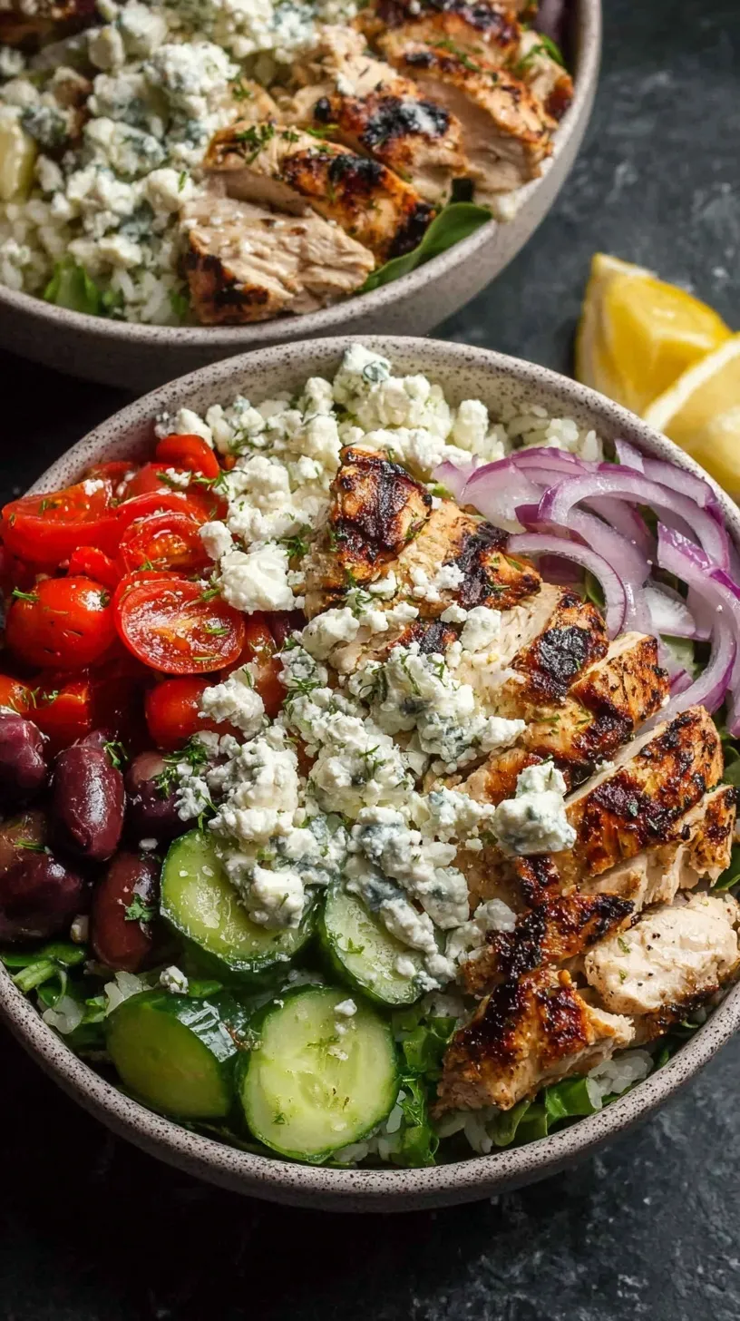 A vibrant Greek chicken bowl with grilled chicken, cucumber, tomatoes, feta, and tzatziki over brown rice.