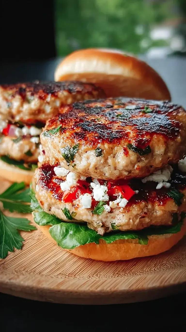 Golden brown Greek chicken burgers served on a plate with fresh greens and tzatziki sauce