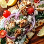 Fresh Greek Chicken Flatbread topped with tzatziki, tomatoes, red onion, and feta cheese on a wooden board.
