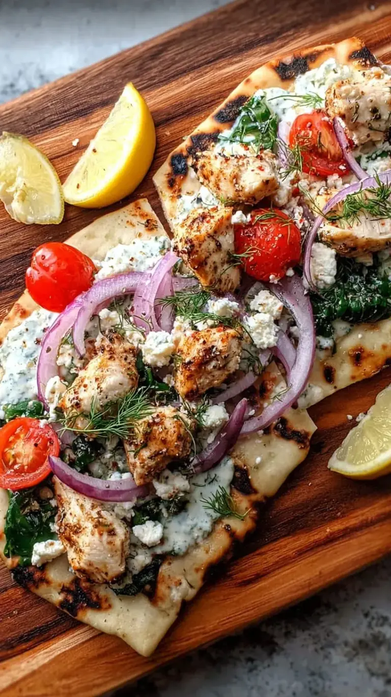 Fresh Greek Chicken Flatbread topped with tzatziki, tomatoes, red onion, and feta cheese on a wooden board.