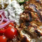A colorful Greek Chicken Gyro Bowl with grilled chicken, lemon rice, fresh cucumbers, tomatoes, and creamy tzatziki sauce in a meal prep container.