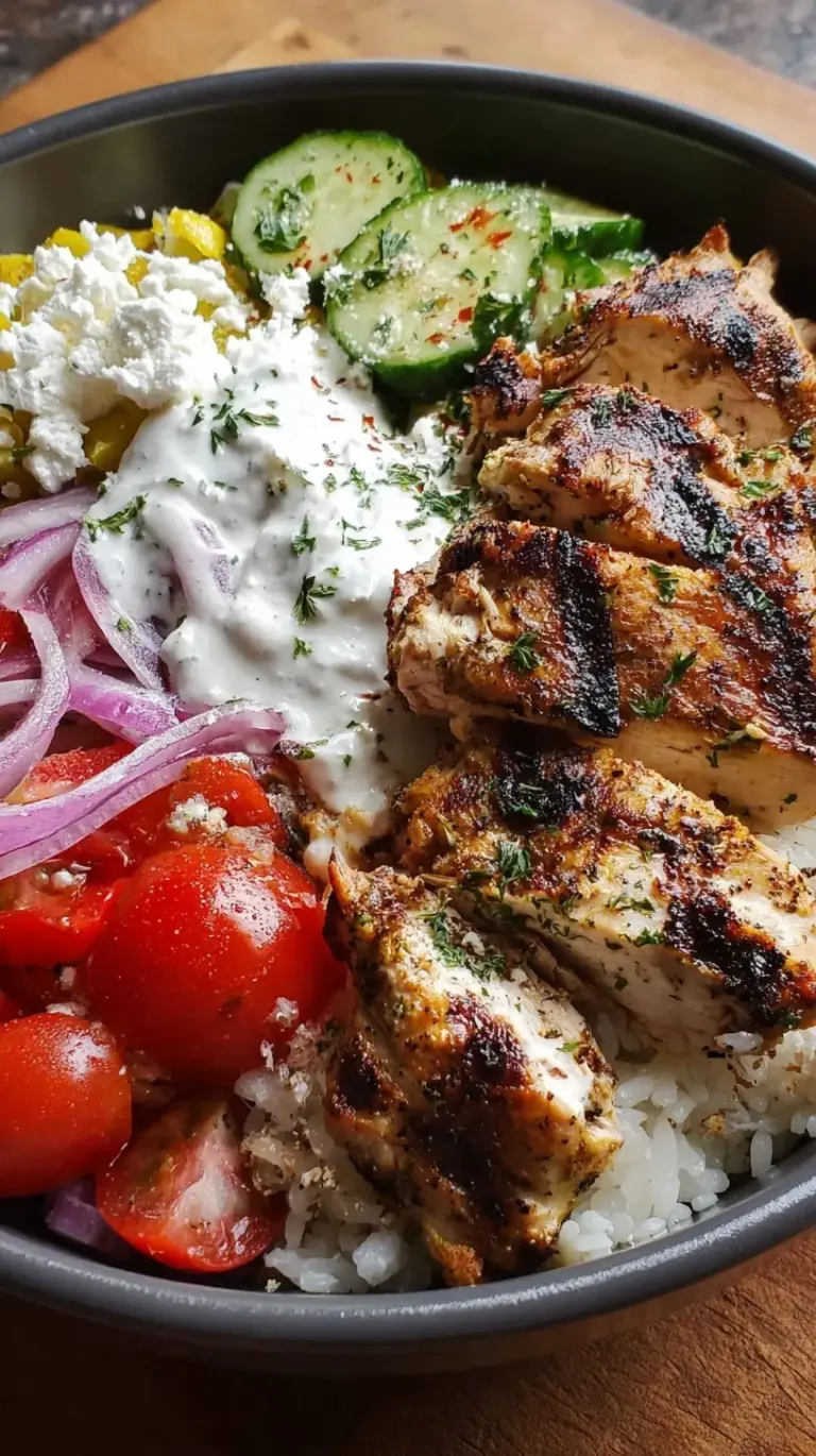 A colorful Greek Chicken Gyro Bowl with grilled chicken, lemon rice, fresh cucumbers, tomatoes, and creamy tzatziki sauce in a meal prep container.