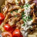 A bowl of Greek Chicken Gyro Pasta with cherry tomatoes, cucumbers, and feta cheese