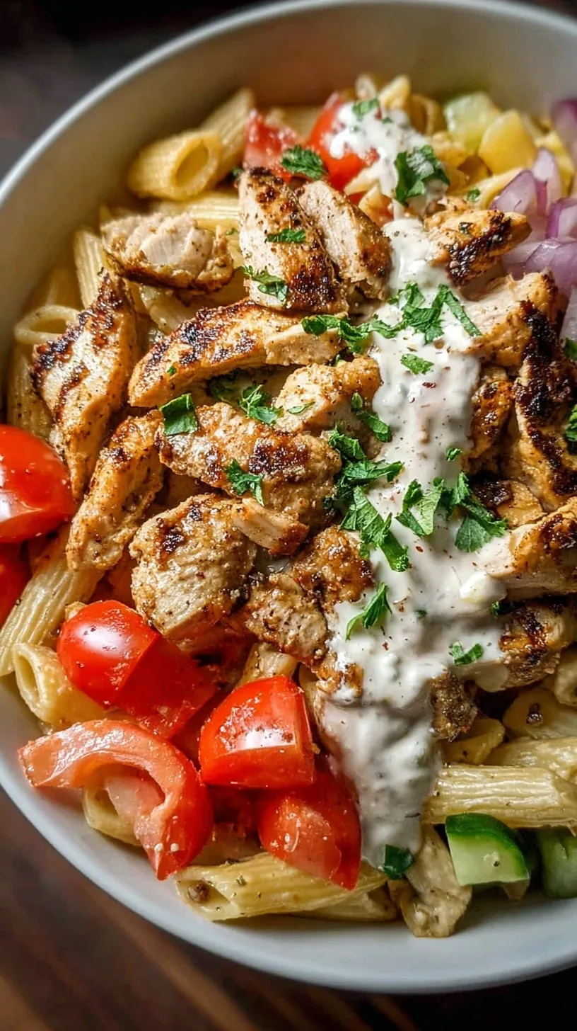 A bowl of Greek Chicken Gyro Pasta with cherry tomatoes, cucumbers, and feta cheese