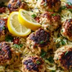 Golden Greek chicken meatballs served over bright green spinach and lemon orzo pasta