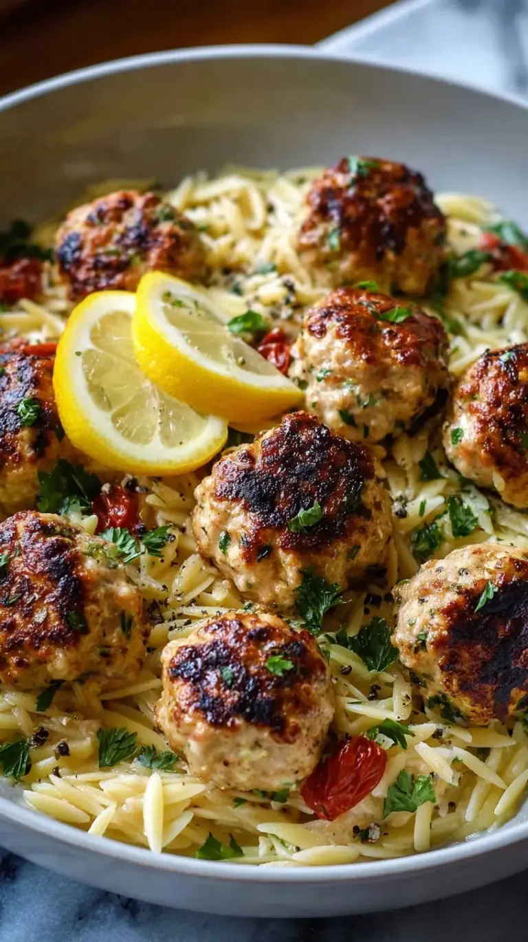Golden Greek chicken meatballs served over bright green spinach and lemon orzo pasta