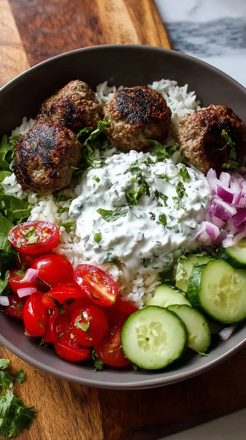 A colorful Greek Meatball Bowl with lemon rice, cherry tomatoes, olives, and creamy tzatziki sauce.