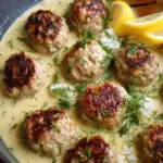 A white bowl filled with tender Greek meatballs covered in a creamy yellow lemon sauce and fresh parsley.