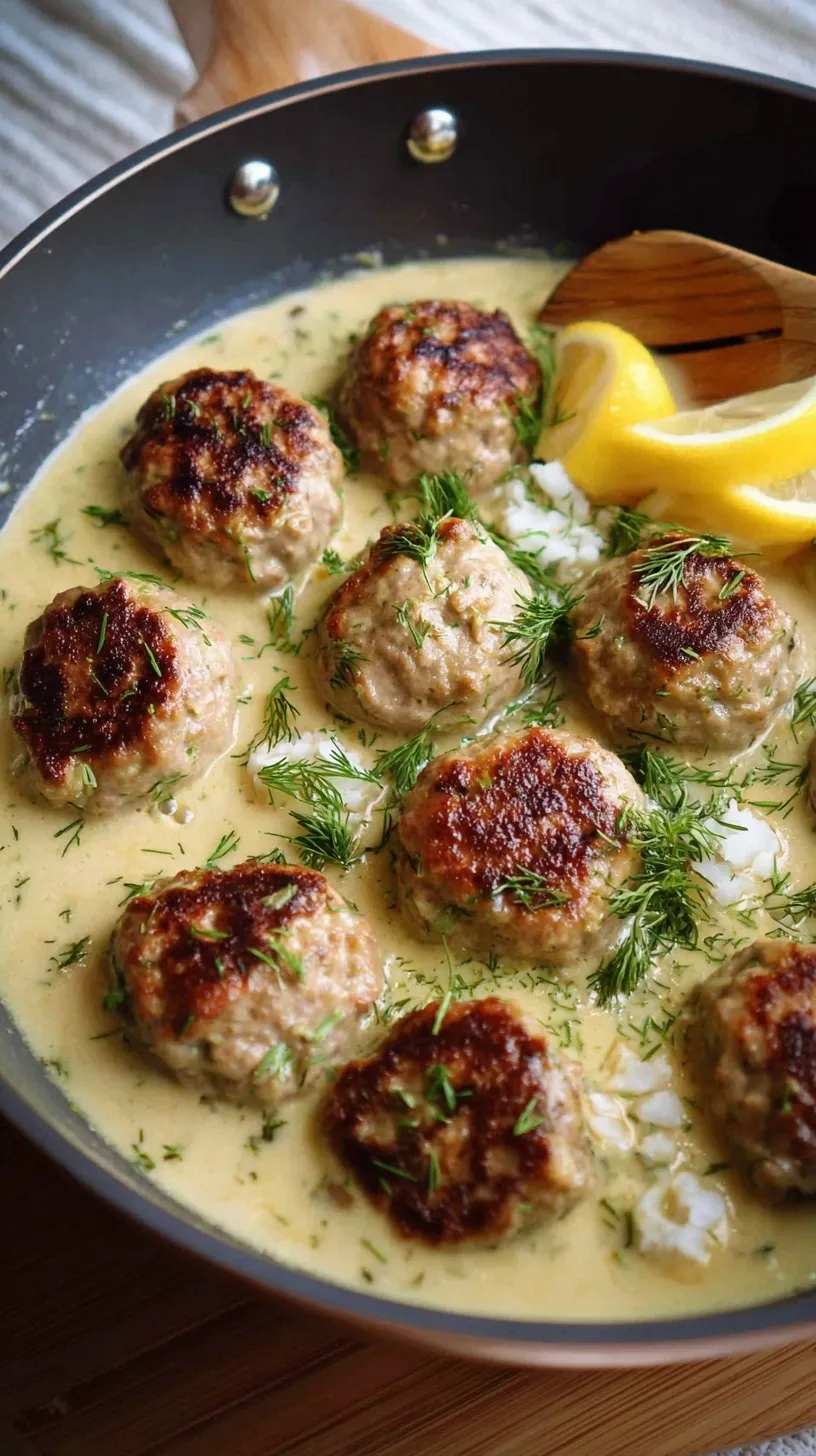 A white bowl filled with tender Greek meatballs covered in a creamy yellow lemon sauce and fresh parsley.