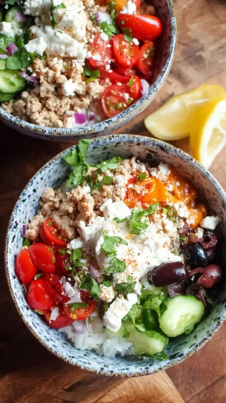 Four meal prep containers filled with lemon rice, seasoned ground turkey, fresh cucumbers, tomatoes, and feta cheese.