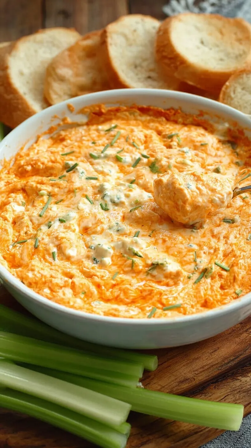 A warm baking dish filled with bubbling healthy buffalo chicken dip topped with melted mozzarella and fresh green onions.
