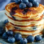 A stack of golden brown Greek yogurt pancakes topped with fresh blueberries and a drizzle of honey.