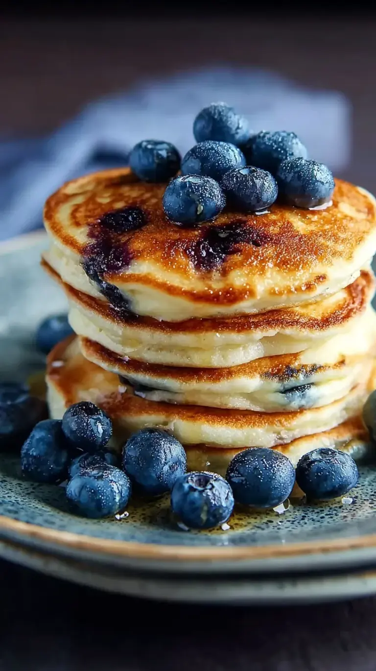 A stack of golden brown Greek yogurt pancakes topped with fresh blueberries and a drizzle of honey.