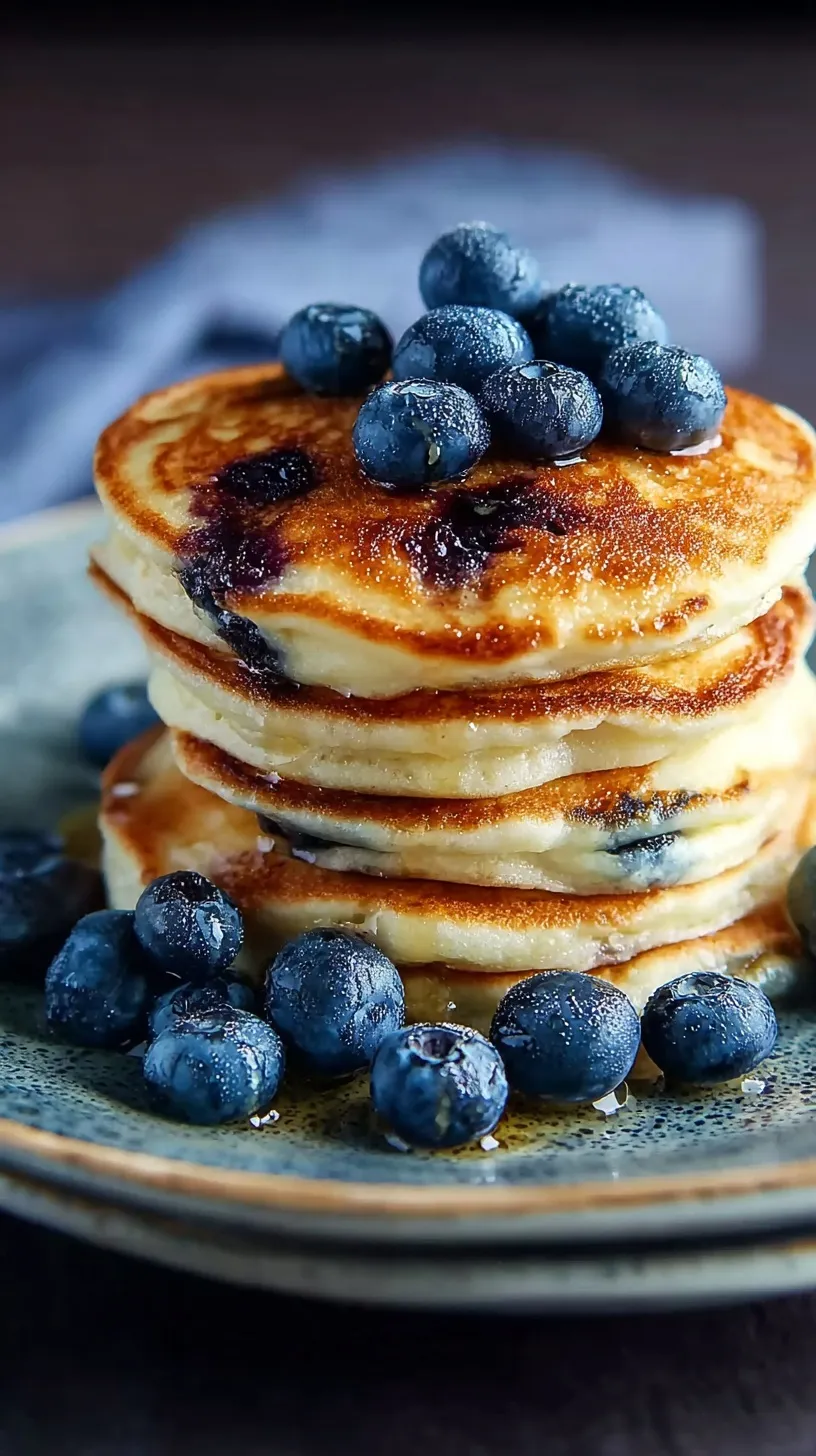 A stack of golden brown Greek yogurt pancakes topped with fresh blueberries and a drizzle of honey.