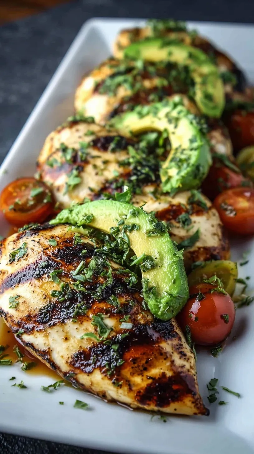 Grilled chicken breast topped with melted mozzarella, fresh avocado slices, and balsamic glaze