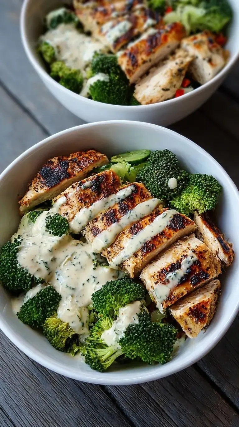 Four meal prep containers filled with grilled chicken strips, bright green broccoli, and brown rice topped with creamy white sauce.