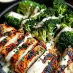 A meal prep container filled with grilled chicken cubes, bright green broccoli, and brown rice drizzled with white garlic sauce.