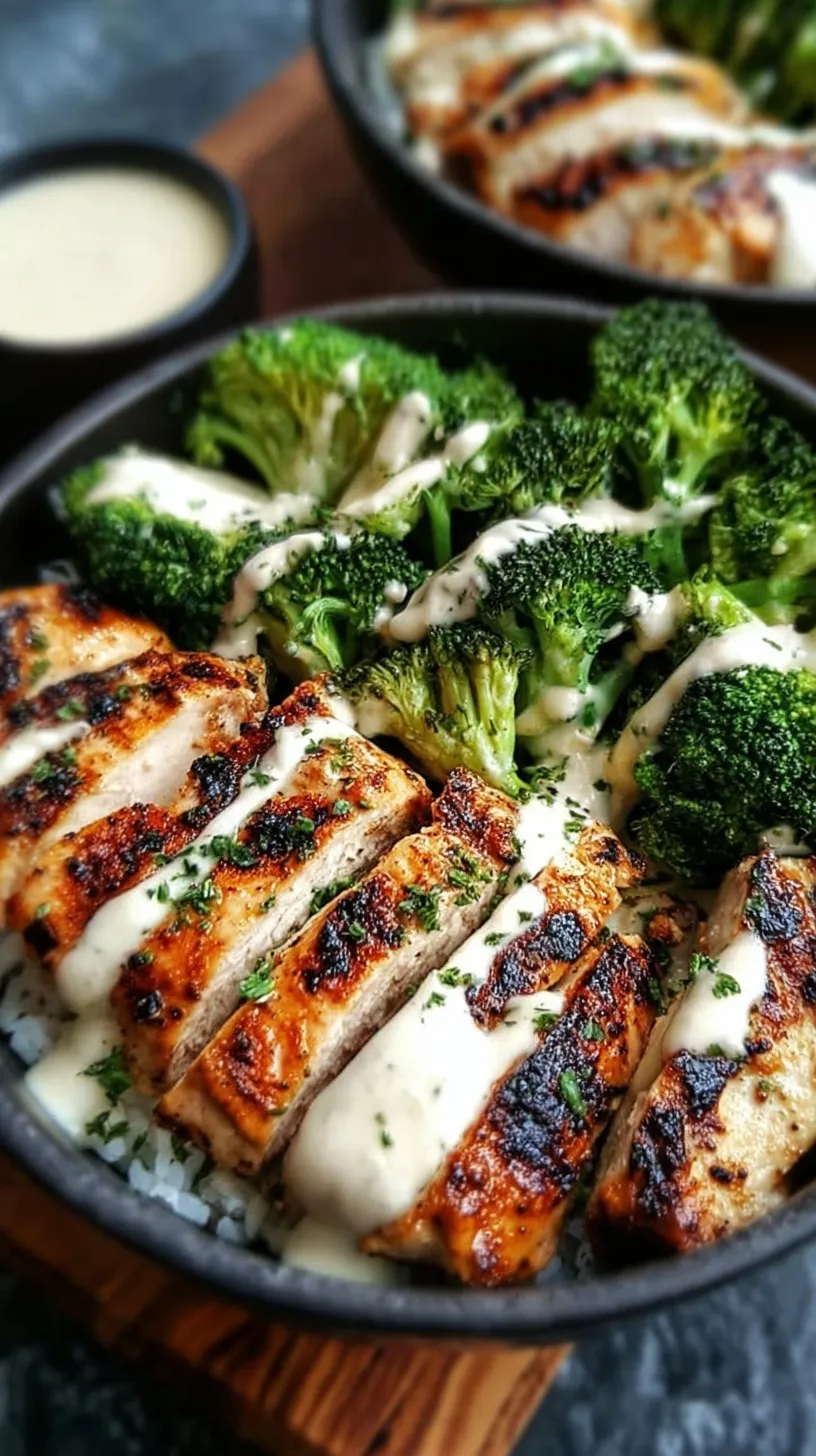 A meal prep container filled with grilled chicken cubes, bright green broccoli, and brown rice drizzled with white garlic sauce.