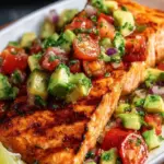 Flaky grilled salmon fillet topped with chunky green avocado salsa and red onion
