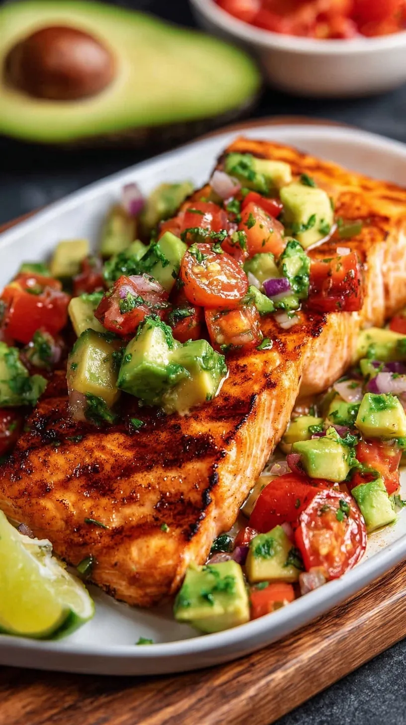 Flaky grilled salmon fillet topped with chunky green avocado salsa and red onion