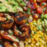 A colorful Grilled Shrimp Bowl topped with fresh avocado corn salsa and lime