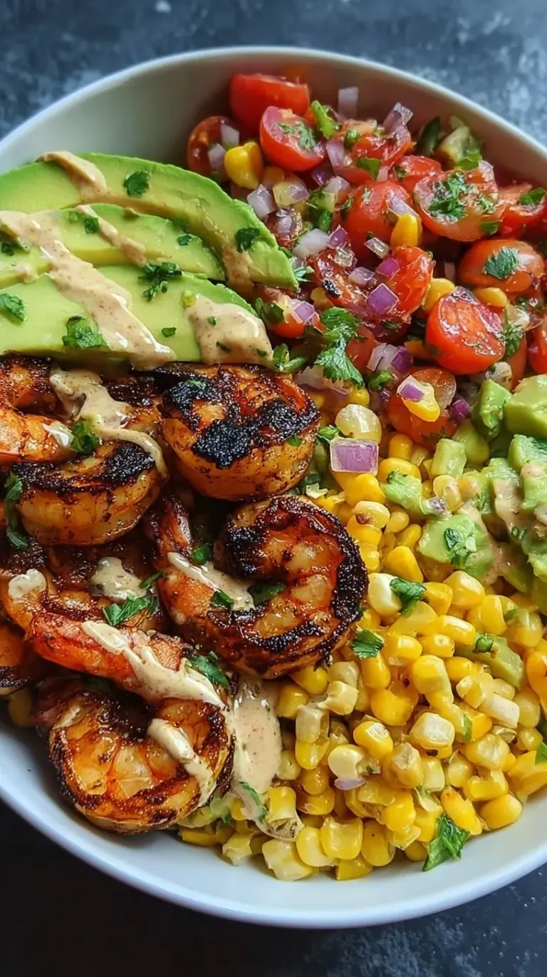 A colorful Grilled Shrimp Bowl topped with fresh avocado corn salsa and lime