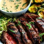 A colorful steak bowl with grilled meat, corn, black beans, and avocado drizzled with green sauce.