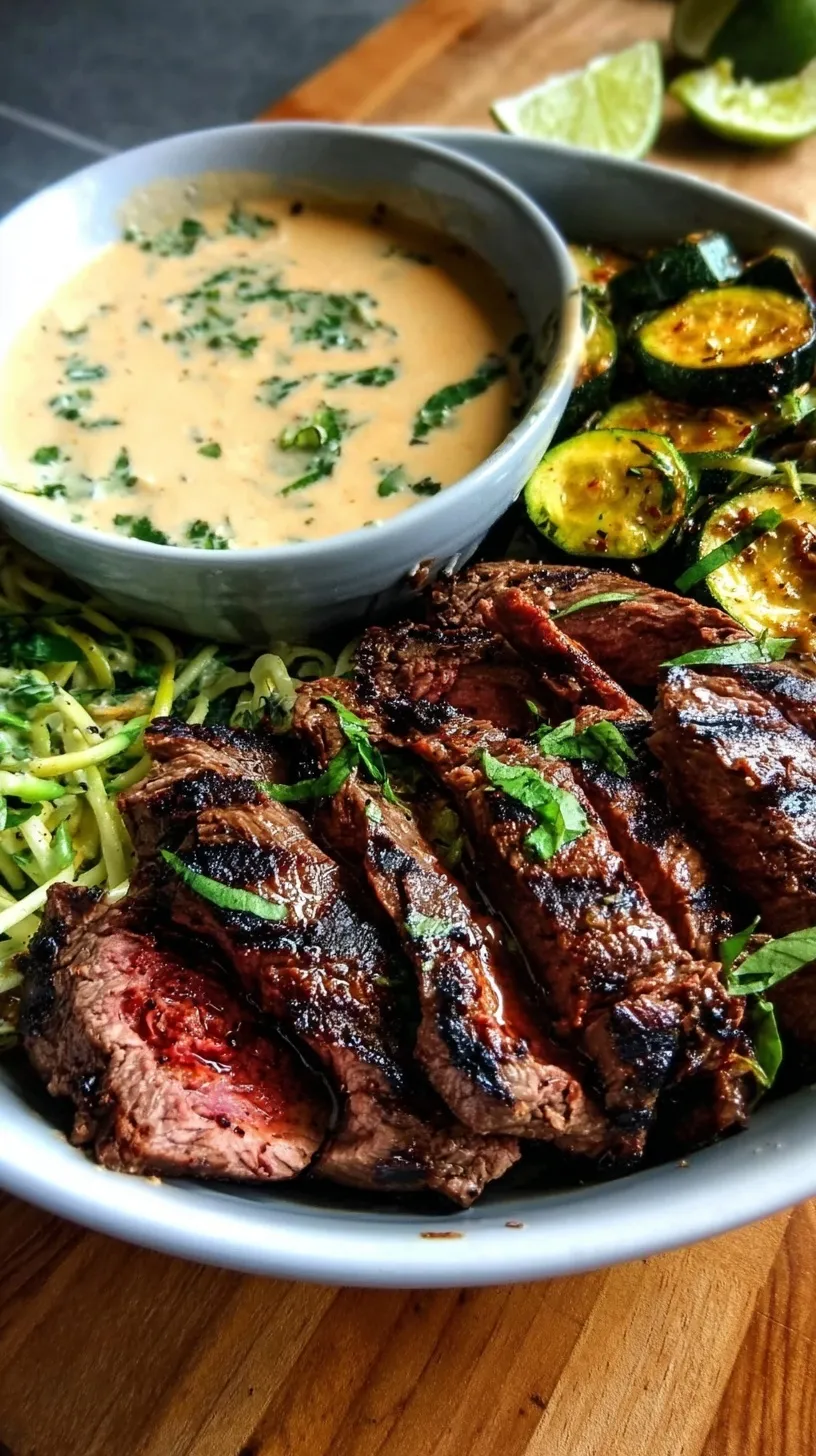 A colorful steak bowl with grilled meat, corn, black beans, and avocado drizzled with green sauce.