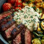 A grilled steak bowl with sliced sirloin, charred zucchini, and creamy sauce over rice.