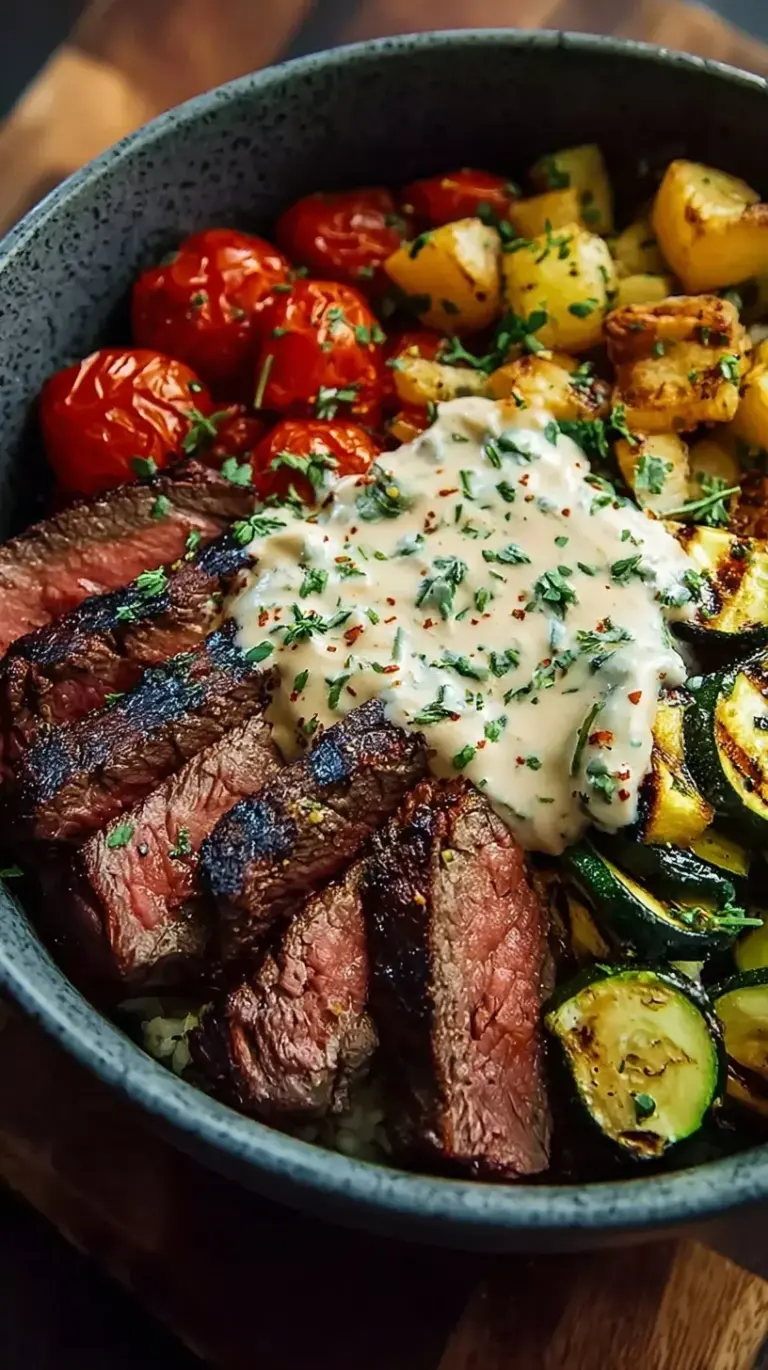 A grilled steak bowl with sliced sirloin, charred zucchini, and creamy sauce over rice.