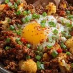 A steaming skillet filled with browned ground beef, tender cauliflower florets, and melted cheddar cheese garnished with parsley.