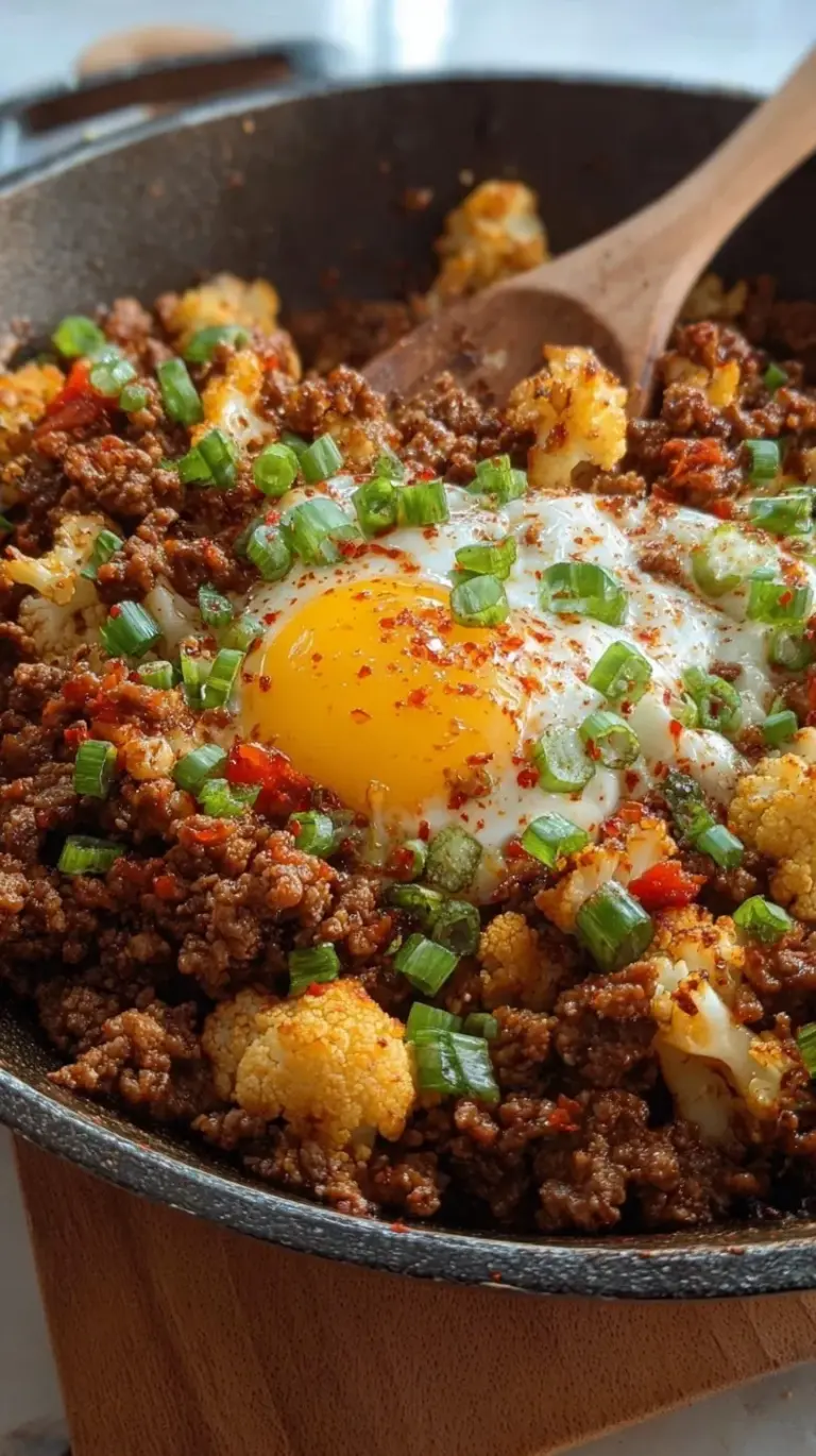 A steaming skillet filled with browned ground beef, tender cauliflower florets, and melted cheddar cheese garnished with parsley.