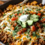 A bubbling skillet of cheesy ground beef enchiladas with corn tortillas and cilantro